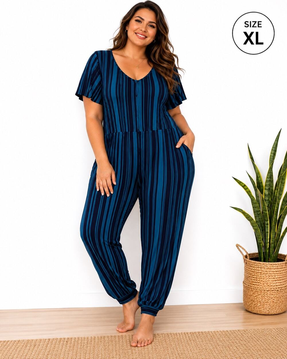 LuLaRoe XOE Slimming Striped Jumpsuit One Piece Flutter Sleeve Pockets Boho - XL